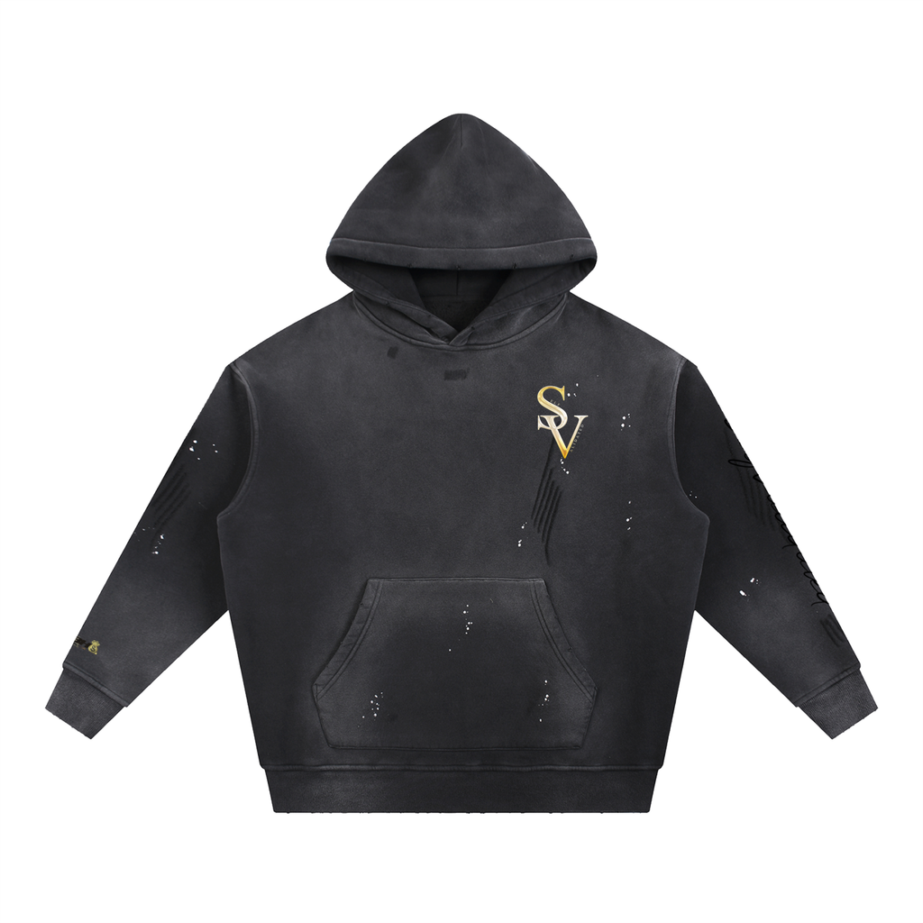 “SV” logo Vintage Washed Frayed Fleece Hoodie