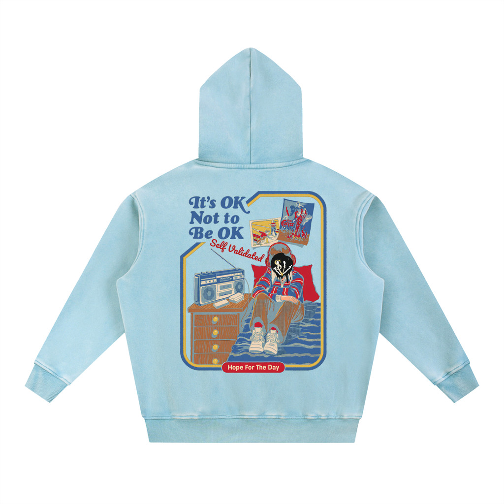 SelfValidated graphic "its ok to not be ok' Snow Wash Fleece Oversize Hoodie